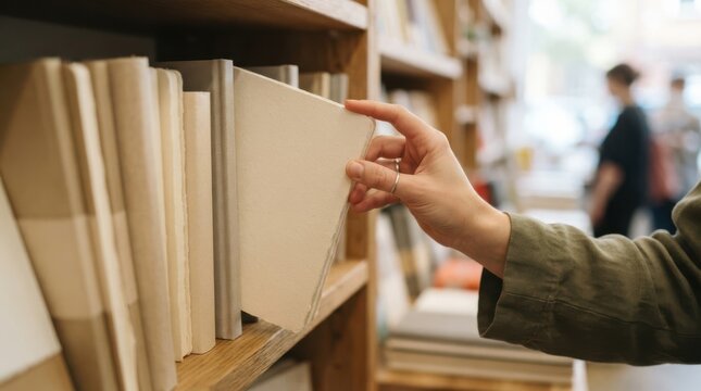 Woman selecting book from shelf in a cozy bookstore choosing reading material
