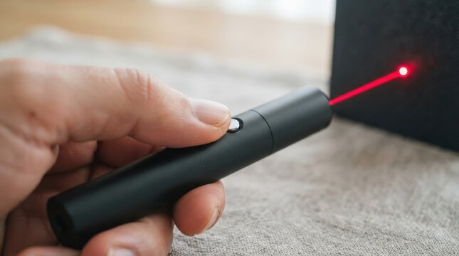 A person holding a modern black laser pointer device directing a bright red beam at a dark surface for presentations and pointer tools