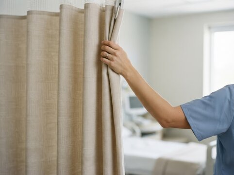 Nurse in blue scrubs opening hospital room curtain for patient privacy