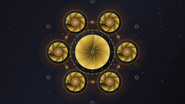 Golden camera shutters rotating in mechanical motion on dark background