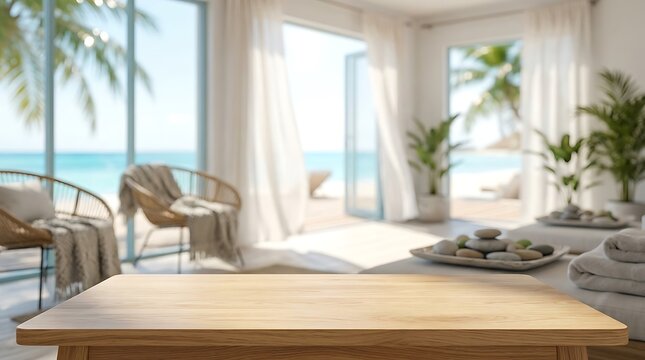 Empty Wooden Table in Luxury Tropical Beach Resort Interior with Blurred Ocean View for Product Display Background.