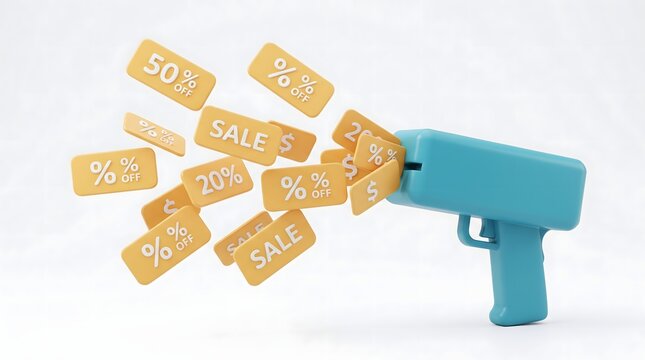 A promotional gadget actively shooting numerous discount tags and special sale offers, representing effective marketing campaigns, significant savings, and irresistible deals for eager consumers