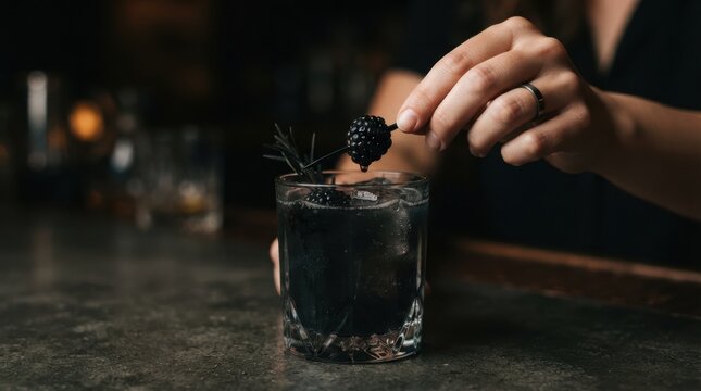 Bartender garnishing a dark gothic cocktail with blackberries and rosemary at a moody bar
