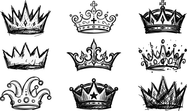 Crown sketch vector set. Hand drawn imperial tiara, royal diadem, and jester hat drawings. Black ink outline illustrations for luxury branding, heraldic crests, and medieval designs.