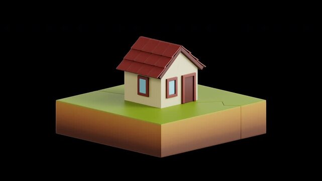 3D isometric house shaking and cracking during an earthquake in a looping 3D animated icon style on an isolated background.