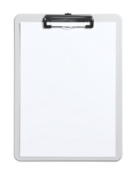 Clipboard with blank white paper sheet for notes held by a professional metal clip as a clean vertical object template&nbsp;