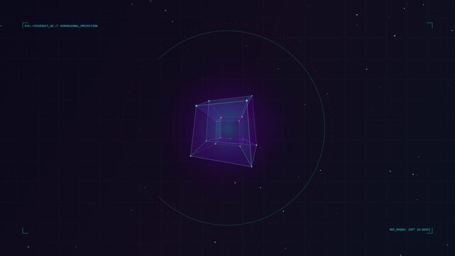 Rotating 3D tesseract wireframe projection with glowing digital data interface