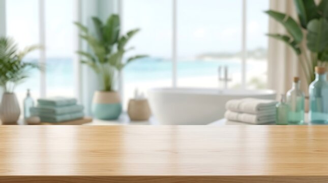 Empty Wooden Tabletop with Blurred Luxury Bathroom Background and Beach View for Spa Product Display and Mockup Scene