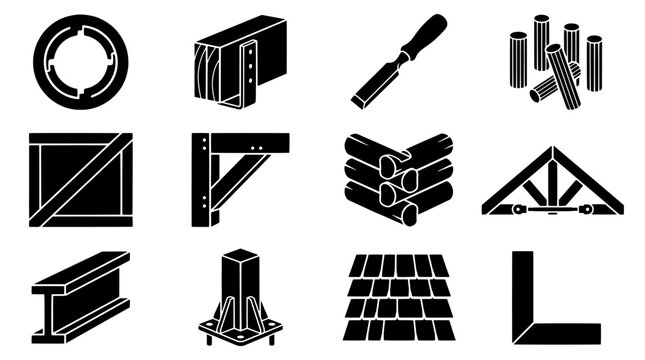 Minimalist construction materials vector icon set. Industrial building elements like steel beams, wooden logs, roof tiles, and brackets perfect for engineering blueprints, architecture, and design.