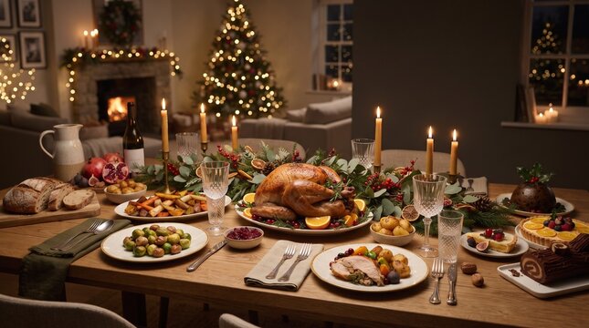 A beautifully set Christmas dinner table laden with a roasted turkey, festive trimmings, and glowing candles, creating a warm and inviting holiday atmosphere in a cozy home.