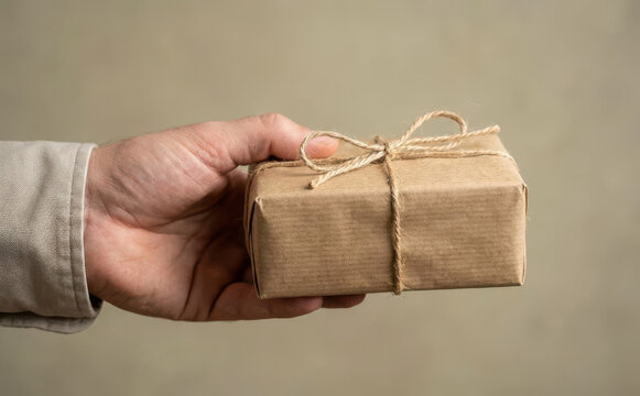 Man holding a small gift box wrapped in brown craft paper with twine string bow for delivery concept