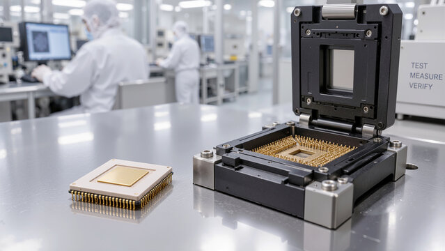 Microchip Processor Testing and Inspection Using Precision Socket Fixture in High-Tech Semiconductor Cleanroom Laboratory