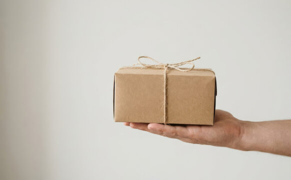 A man holding a small gift box wrapped in brown paper and twine, symbolizing delivery and surprise.