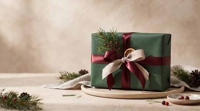A beautifully wrapped gift in deep green paper with a rich burgundy and cream ribbon, adorned with a pine sprig and dried orange slice, sits elegantly on a wooden plate.