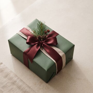A beautifully wrapped gift box in deep green paper with a burgundy and cream ribbon, adorned with pine sprigs and pinecones, sits elegantly on a textured surface.