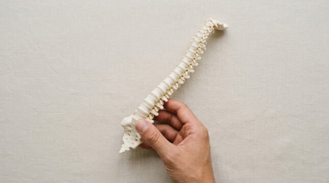 Human spine model held in a hand for chiropractic anatomy education and spinal health concept
