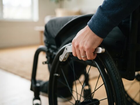 Close up of an adult man sitting in a wheelchair holding the handrim representing accessibility, independence and mobility in daily life