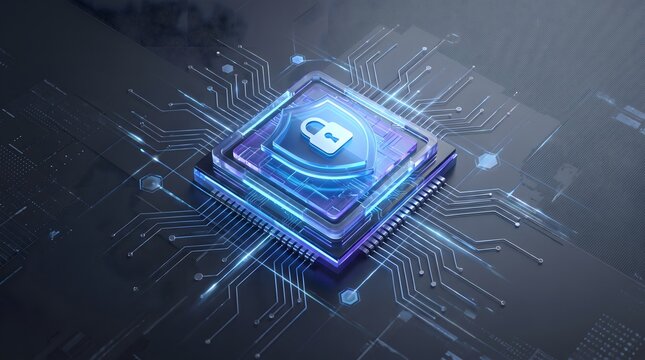 Digital security and protection abstract glowing shield icon on a futuristic microchip with glowing circuit board lines, representing cybersecurity and data privacy