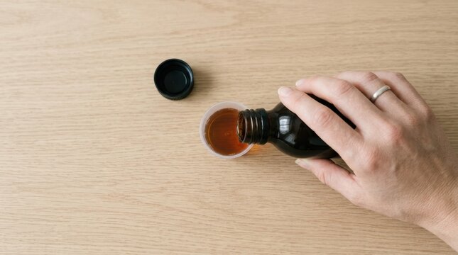 Woman pouring cough syrup into a measuring cup from a medicine bottle on a wooden table for healthcare treatment