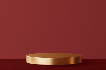 Minimal luxury gold podium on deep red background