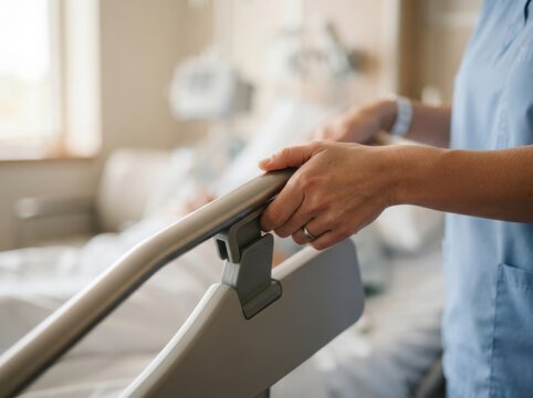 Female nurse adjusting a hospital bed railing in a patient room in a clinic, healthcare and medical care concept