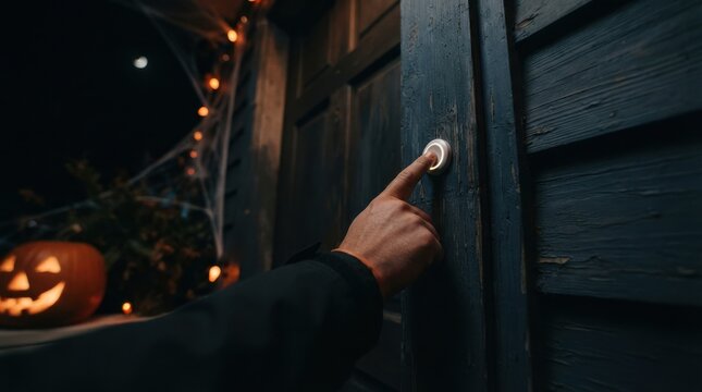 A man ringing a doorbell on a haunted porch at night during Halloween trick or treat