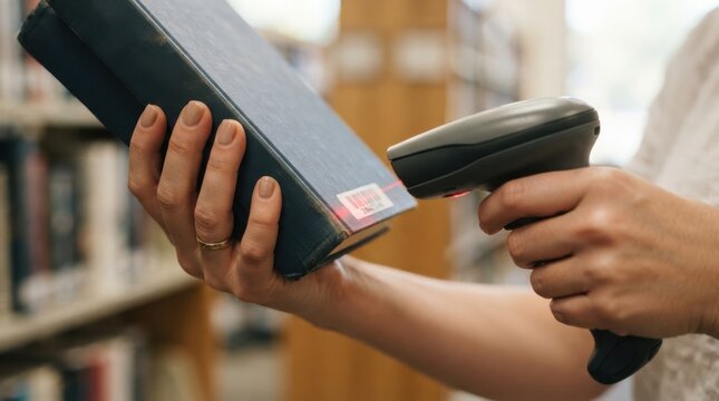 Librarian scanning barcode on a book with a handheld scanner in a library, representing inventory management and education concepts