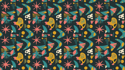 Fototapeta premium Retro mid-century modern seamless pattern vector. Features vintage boomerang shapes, abstract starbursts, and atomic age geometric motifs. Ideal for textile print, wrapping paper, and nostalgic