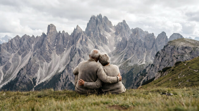 An elderly couple sits closely together on a hillside, seen from behind, taking in a vast mountain view in comfortable, quiet companionship.
