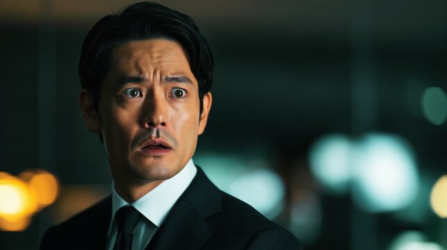A male businessman in a suit with a look of surprise on his face