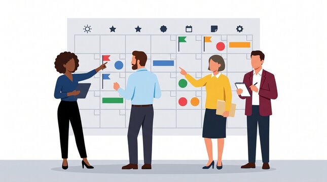 Business team planning project schedule on a large wall calendar
