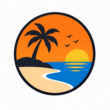 Minimalist Circular Tropical Beach Sunset Logo with Palm Tree