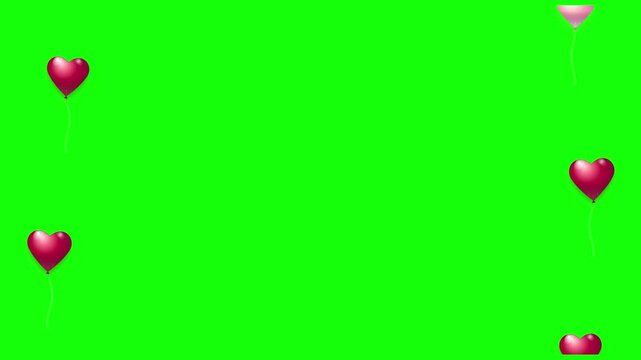 Floating heart balloons rising on green screen background