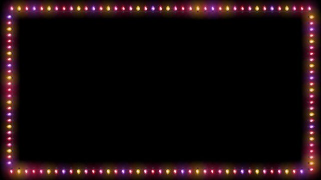 Colorful festive string lights border frame animation
