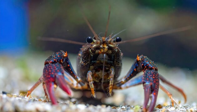 Red swamp crayfish standing on sandy bottom in underwater tank