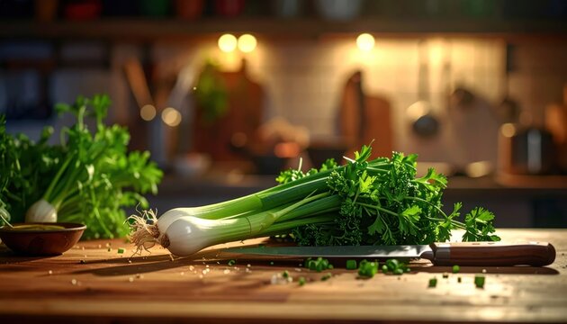 Fresh green onions and parsley on wooden board in kitchen