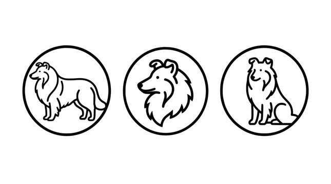 Rough collie dog icon set in circular frames