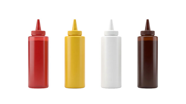 Four plastic squeeze condiment bottles arranged in a row isolated element on transparent background