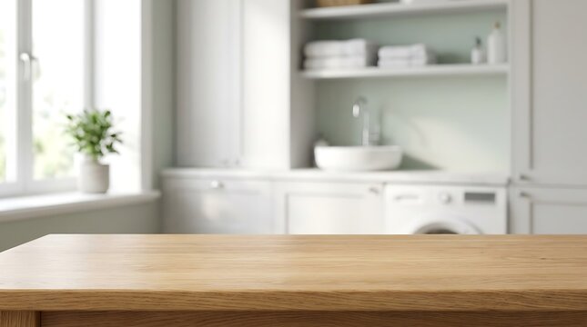 Empty wooden table in blurred laundry room for product placement display with washing machine and clean interior.
