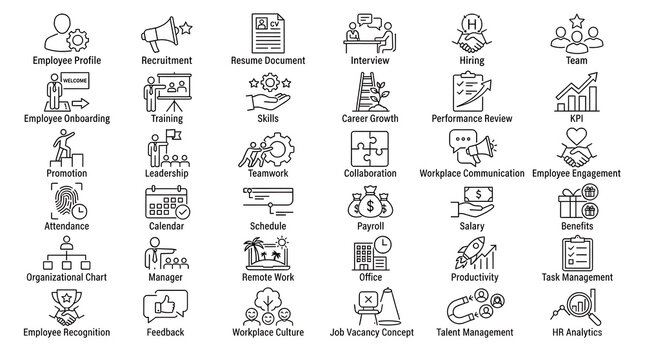 Human resources line icons set displays essential management and recruitment symbols for corporate workplace.