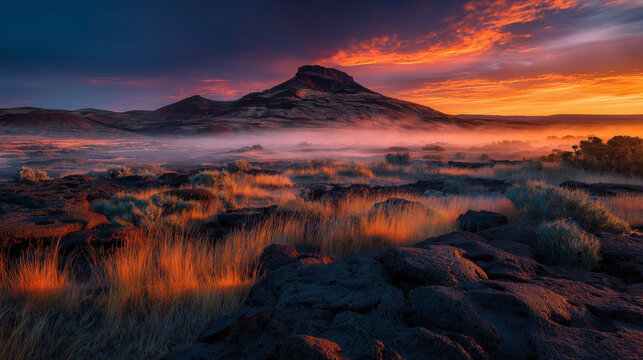 Volcanic Sunset Majesty: A rugged volcanic peak stands silhouetted against a dramatic sunset, with fiery orange and deep blue hues painting the sky, while mist swirls around the rocky terrain below.