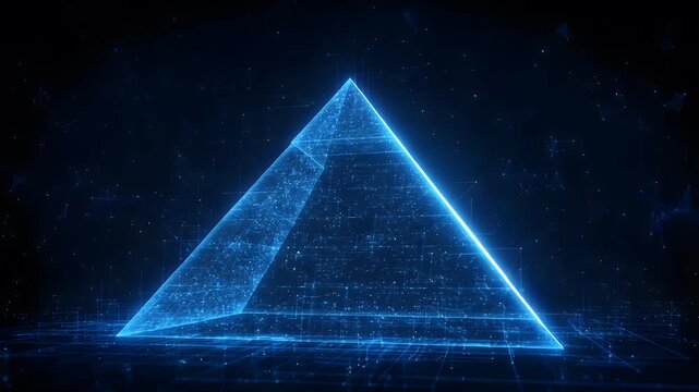 A glowing blue digital pyramid structure formed from interconnected lines and dots against a dark, starry background