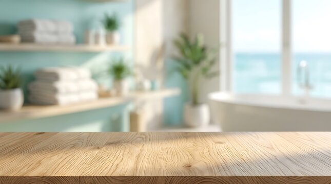 Empty wooden table in blurred bright luxury bathroom with ocean view for product display mockup and spa presentation.