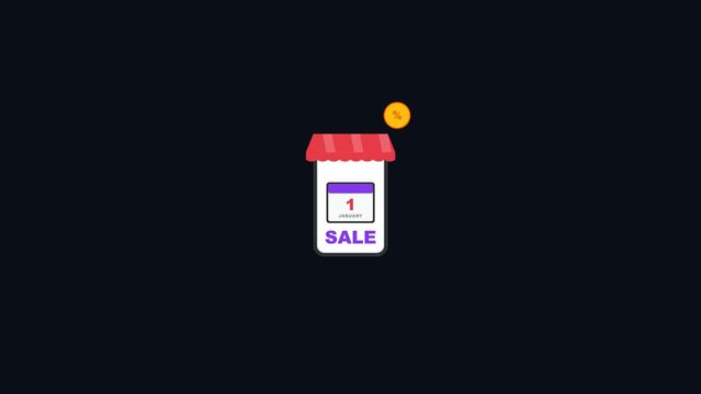 A flat vector icon depicts a retail shop storefront with a calendar and a gold coin.
