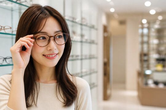 眼鏡店でメガネを試着して微笑む若い女性 Generative AI
