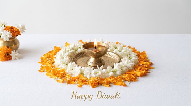 Diwali diya lamp with marigold and jasmine flowers