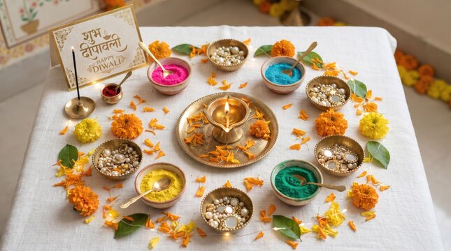 Diwali decoration with rangoli colors and lit diya