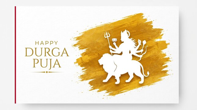 Happy durga puja greeting card with goddess durga on lion