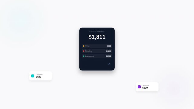 Minimalist financial dashboard with dark mode widget displaying income tracker data and floating category cards, concept for personal budget management, ideal for fintech app design and banking