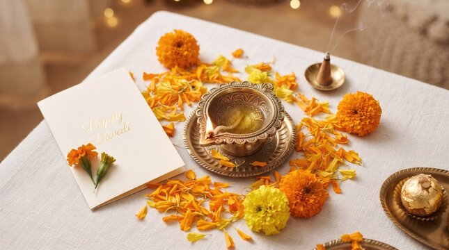 Diwali celebration with lit diya and marigold flowers
